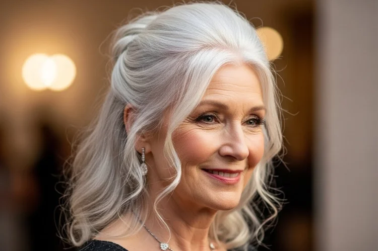 A half-up hairstyle adding lift and softness to fine hair. Romantic and event-ready.