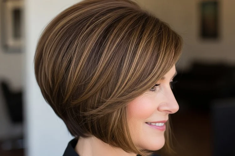 A modern inverted bob haircut with hidden layers on a woman over 60. The back is stacked for volume.