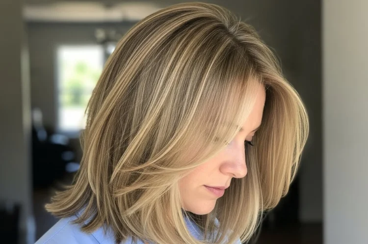 A layered long bob on fine hair, falling just above the shoulders. The woman over 60 looks confident and modern.