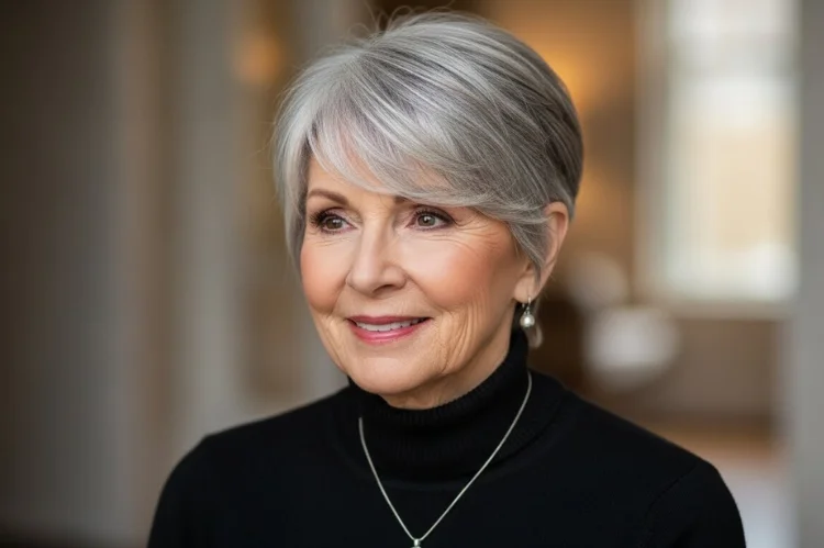 A stylish older woman with fine hair styled in a layered pixie cut with side-swept bangs covering the hairline.