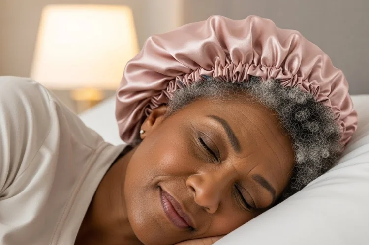 Satin bonnet preserving fine hair texture overnight.