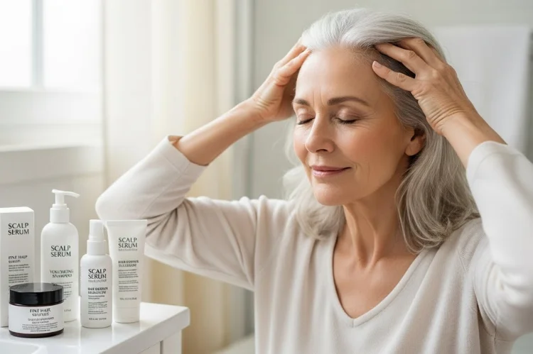 Healthy scalp care focus for fine hair growth.