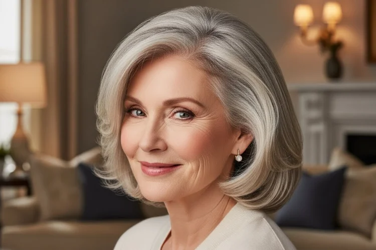 Shoulder-length fine hair styled in soft waves on a woman over 60. Romantic, airy, and full-looking hairstyle.