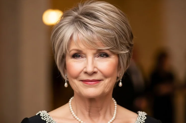 A woman over 60 wearing a feathered pixie haircut with soft layers that create volume without heaviness.