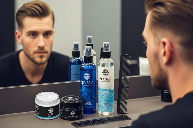 Men’s hair styling scene with grooming products like clay, pomade, sea salt spray arranged beside.