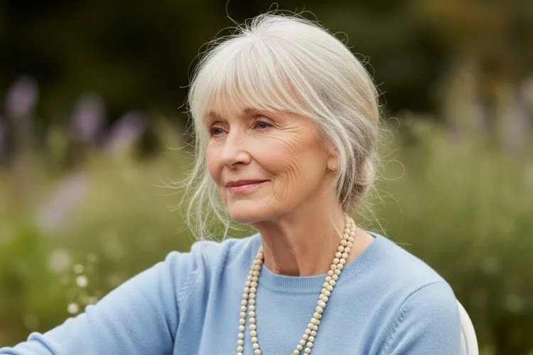 Wispy bangs paired with fine hair on a woman over 60. Light, soft, and delicate appearance.