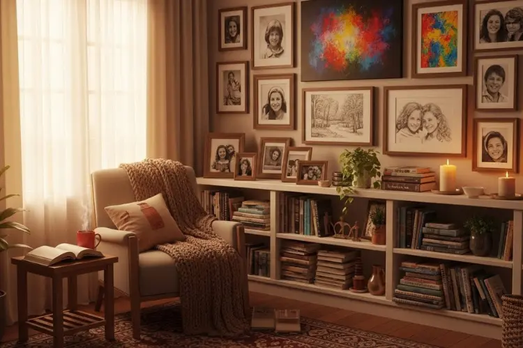 A cozy personalized home space featuring framed family photos, meaningful artwork, books.