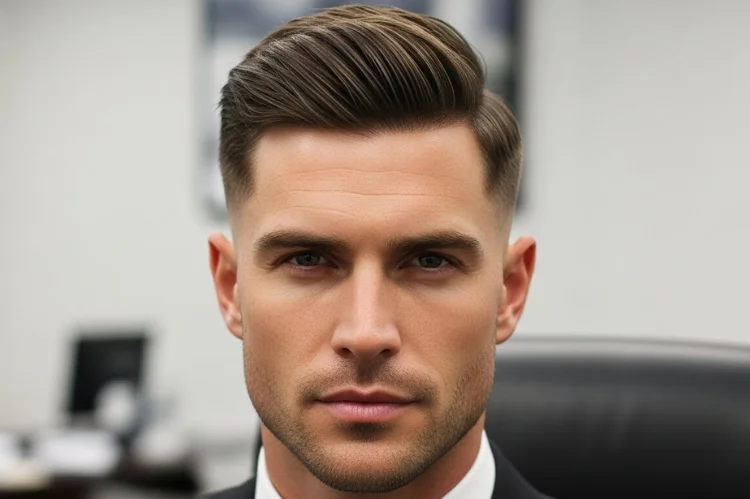 Strong masculine haircut projecting authority and confidence.
