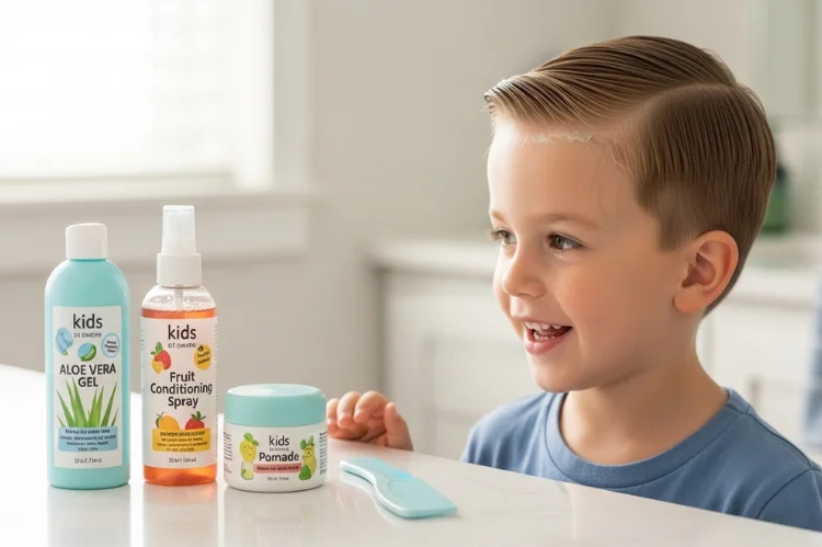 Lightweight kids hair styling products beside a young boy with a neat short haircut, minimal pomade application.