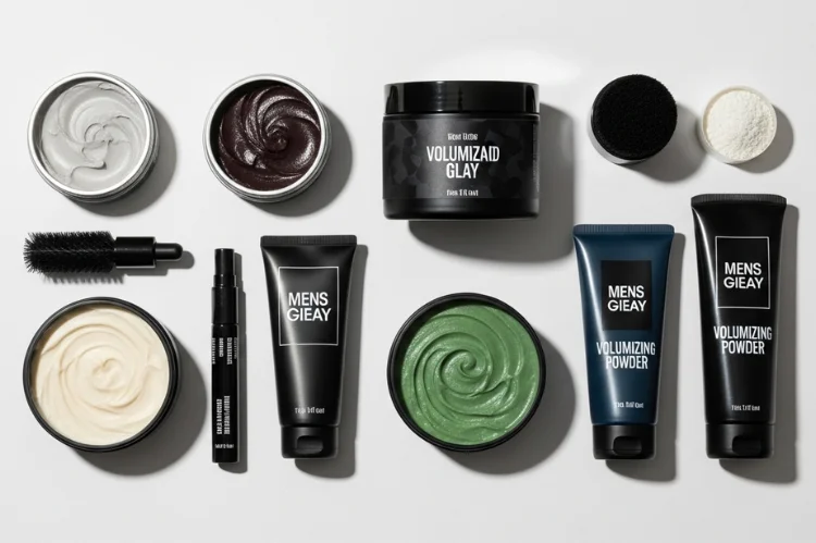 Men’s hair styling products including clay, pomade, gel, and volumizing powder arranged neatly.