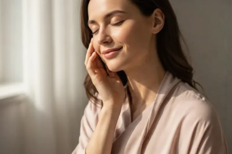 Woman wearing loose, soft, breathable clothing with smooth fabric touching sensitive skin areas.