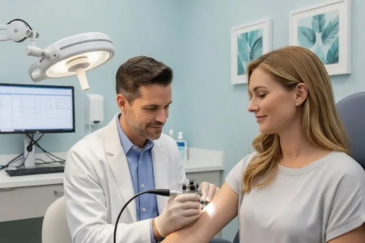 Dermatologist consultation scene with skin examination under soft clinical light, professional medical environment.