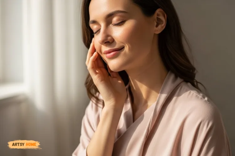 Woman wearing loose, soft, breathable clothing with smooth fabric touching sensitive skin areas.