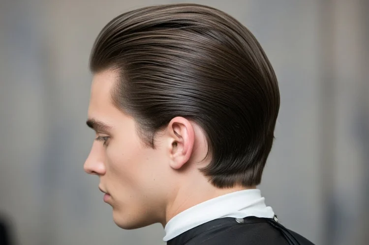 Straight hair styled to mimic soft waves, brushed-back texture, relaxed elegance.