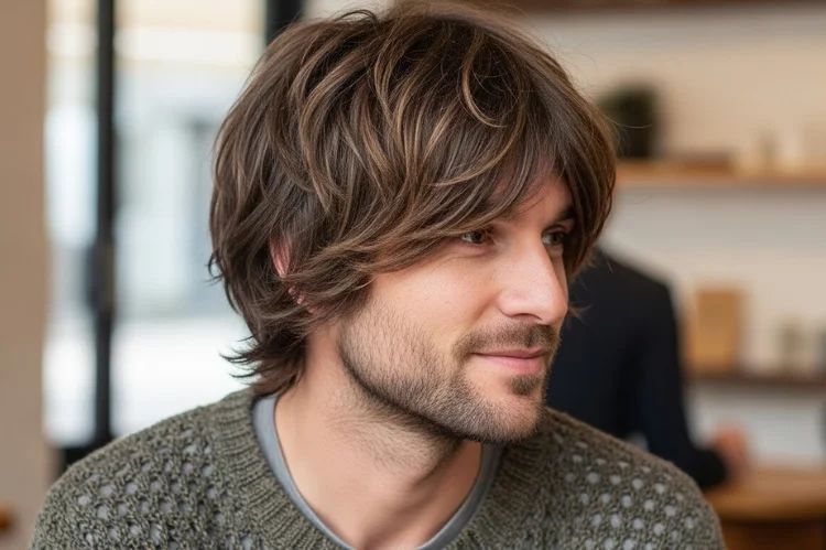 Shaggy layered men haircut, relaxed creative personality style.