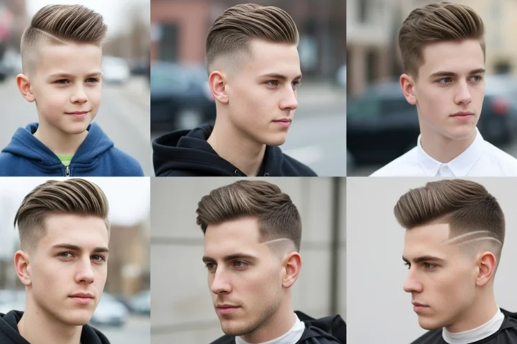 Modern boys and men with clean short haircuts, textured crop and classic crew cut styles, fresh professional barbershop look.