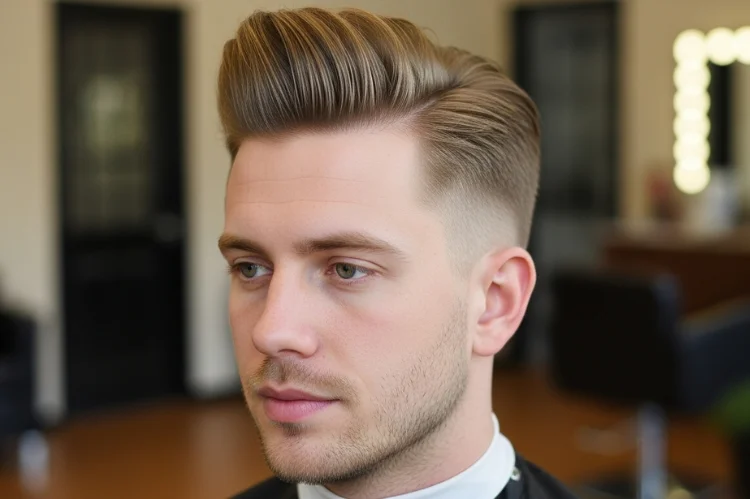 Short pompadour hairstyle on a man with an oval face. Volume at the front, clean sides, classic yet modern look.