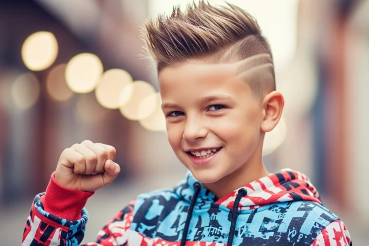 Energetic boy with short spiky top and faded sides. Fun, confident pose, modern boys hairstyle editorial.
