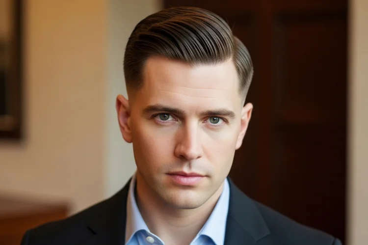 A polished side part haircut on a man with an oval face. Defined part line, neatly combed hair.