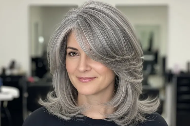 Medium length grey hair with side-swept bangs and layers, natural lift, youthful framing, realistic salon.