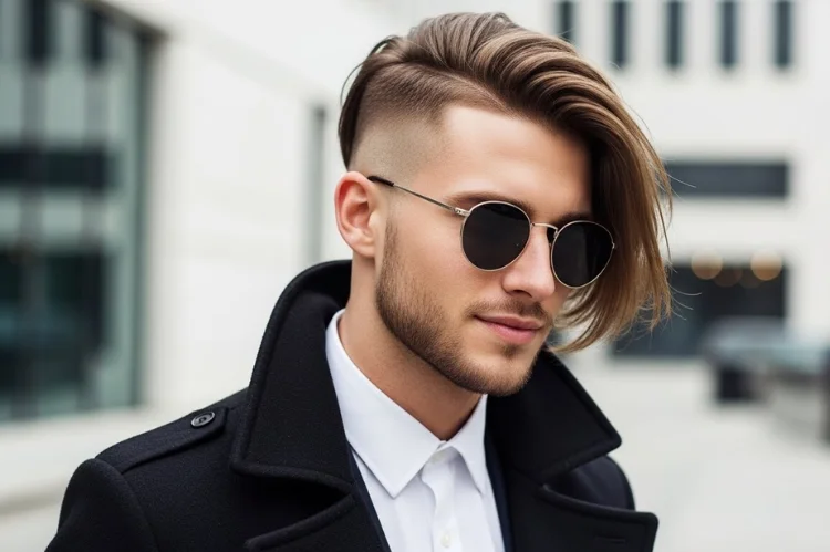 Side-swept straight hair undercut, face-framing flow, stylish modern appeal.