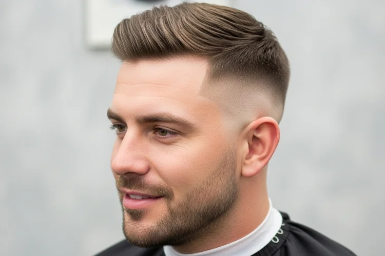 Men’s haircut featuring a clean skin fade on sides and back with textured short top, sharp blending.