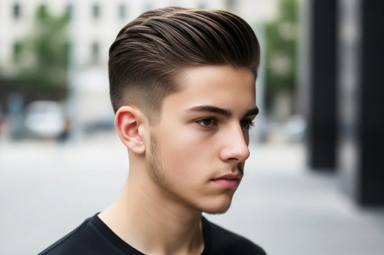 Teen with slicked-back top and sharp undercut. Mature, formal grooming look.