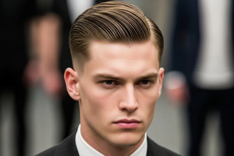 Man with straight hair slicked back undercut, sharp contrast between long top and shaved sides.