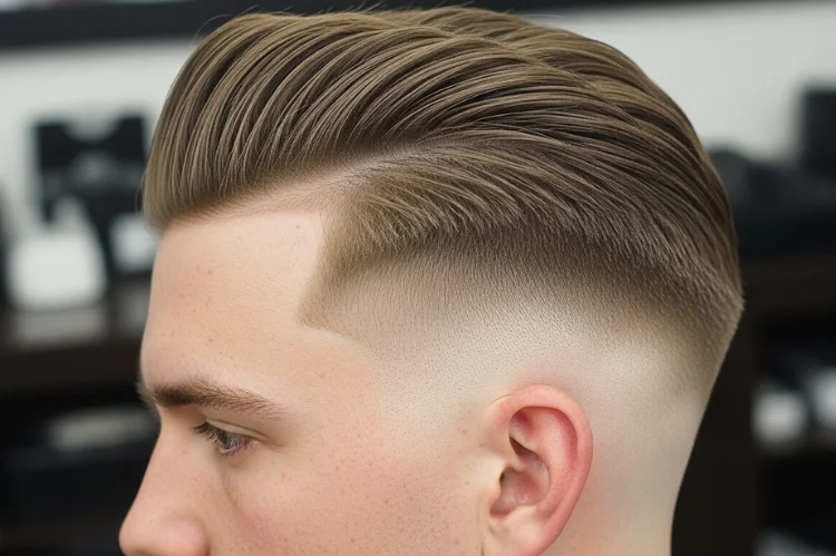 Soft quiff hairstyle with subtle volume at the front, natural texture, drop fade following head shape, professional men’s haircut.