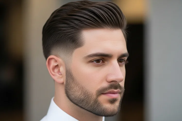 Classic taper fade on a man with an oval face. Gradual blend from top to neckline, soft transitions.