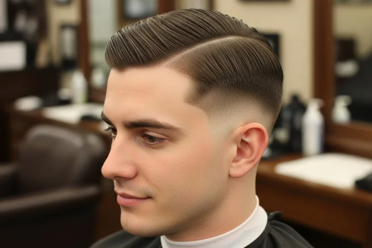 Classic taper fade on straight hair, clean neckline, timeless barber precision.