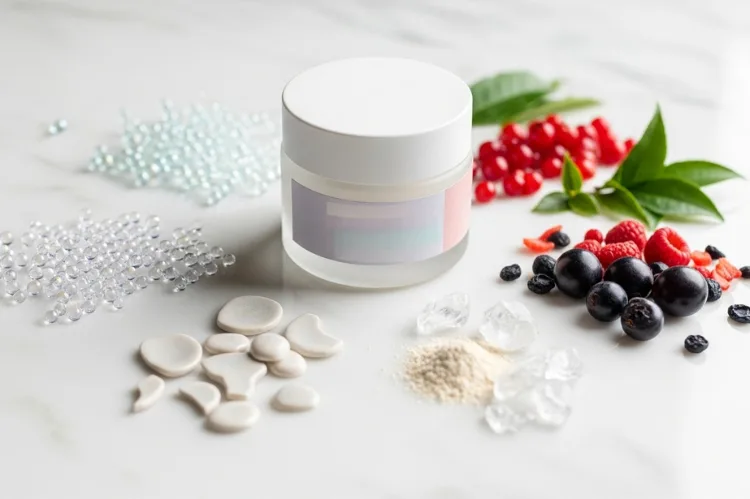 Skincare product surrounded by ingredients like peptides, antioxidants, ceramides, and niacinamide subtly around it.