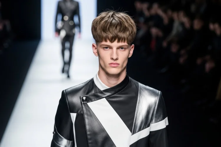 Modern textured bowl cut, high-fashion runway influence.