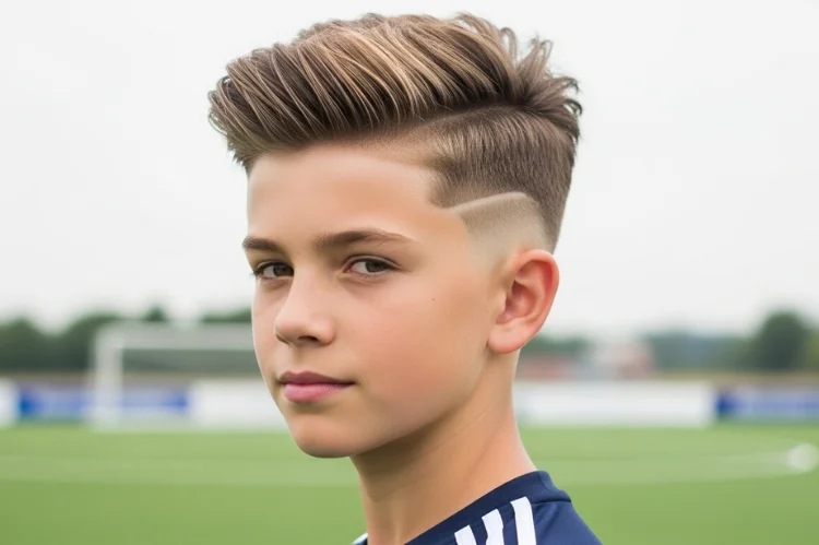 Tween boy with heavy texture on top and clean fade. Sporty, modern footballer-inspired haircut.