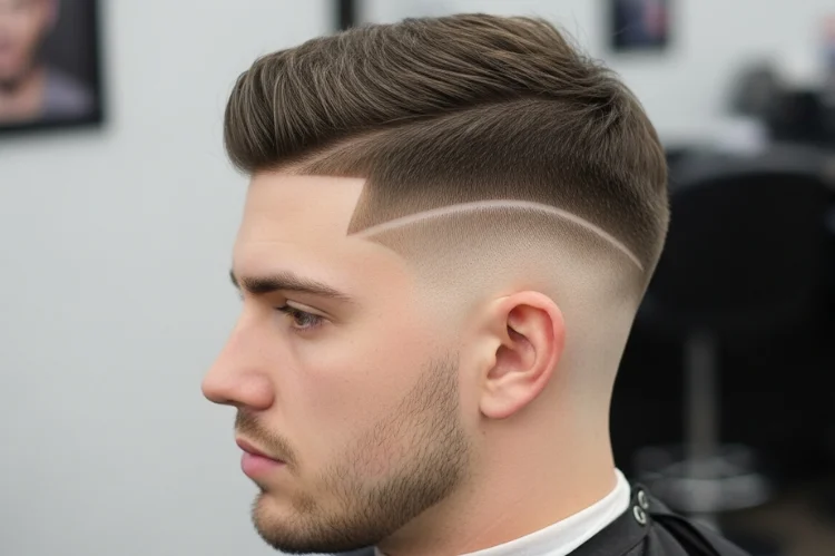 Short textured crop haircut with a sharp hard part line shaved on the side, modern men’s hairstyle.