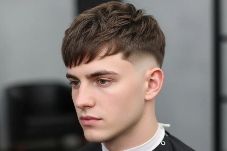 A modern textured crop haircut on a man with an oval face. Short faded sides with choppy layered top and soft fringe.