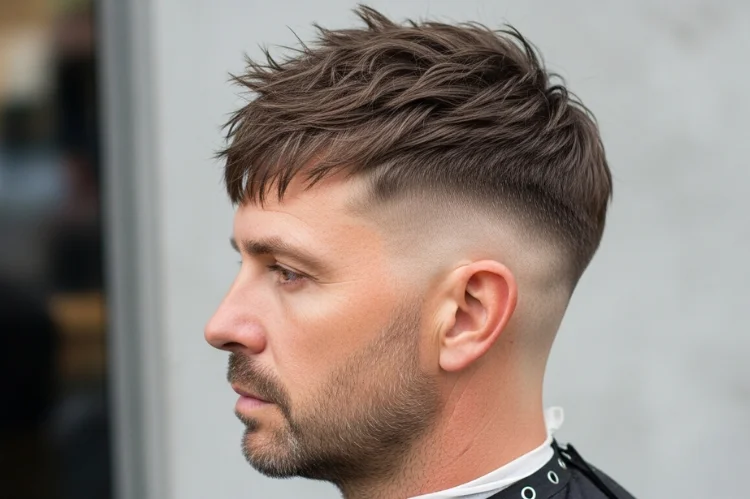 Adult man with a textured French crop haircut, choppy layered top with forward fringe, low to mid fade on sides.