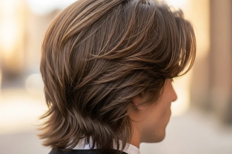 Medium-length straight hair with layered texture, natural movement, soft volume.