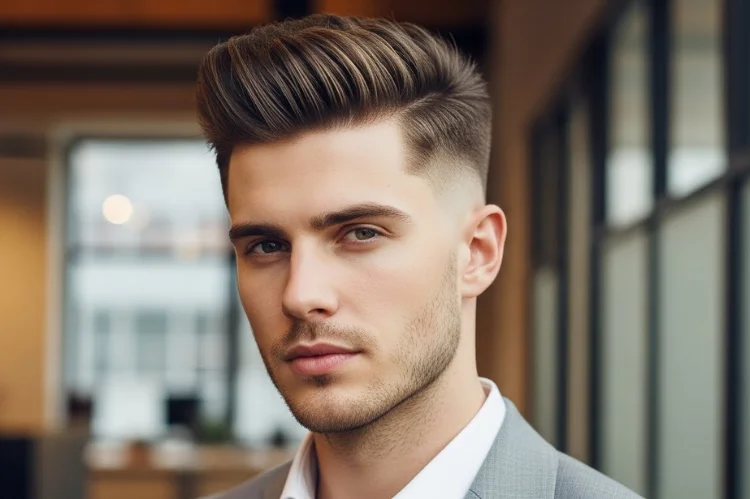 Straight-haired man with textured quiff, lifted front, modern fade.