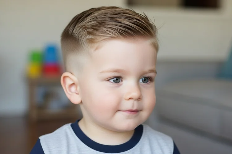 A toddler boy with light texture on top and a very soft low fade. Smooth blending, adorable modern look.