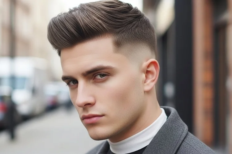 Textured top with clean fade, Instagram-ready straight hair haircut.