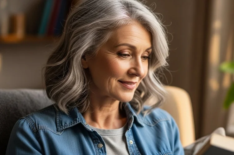 A 60–65 year old woman with effortless gray hairstyle, natural texture.