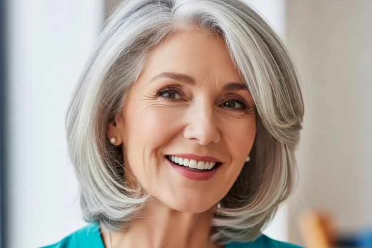 A old woman with youthful medium-length layered gray hairstyle.