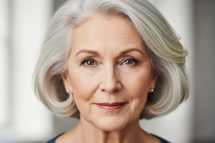 A 60 year old woman with universally flattering gray hairstyle, timeless shape, natural confidence
