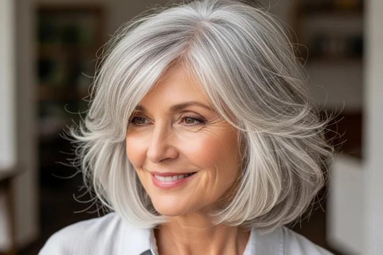 An air-dried shag haircut on thin hair, showing natural texture and movement. Relaxed, casual, and modern.