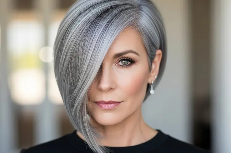 Angled asymmetrical grey bob haircut, one side longer, edgy yet elegant, modern mature woman.
