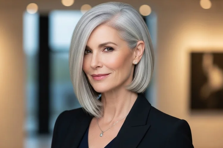 A 60–65 year old woman with asymmetrical gray lob, one side longer, modern.