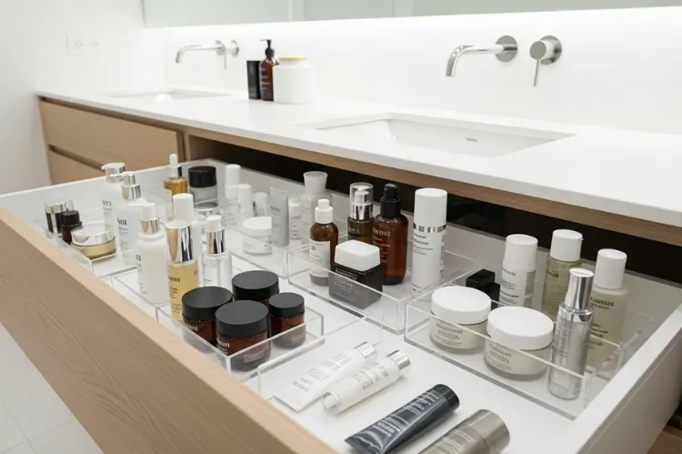 Modern bathroom with neatly stored skincare products in drawer.