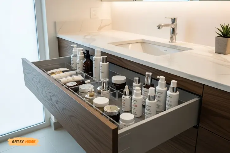Modern bathroom with neatly stored skincare products in drawers.