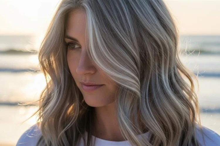 Long grey hair with beachy waves, layered texture, relaxed natural look, air-dried style.
